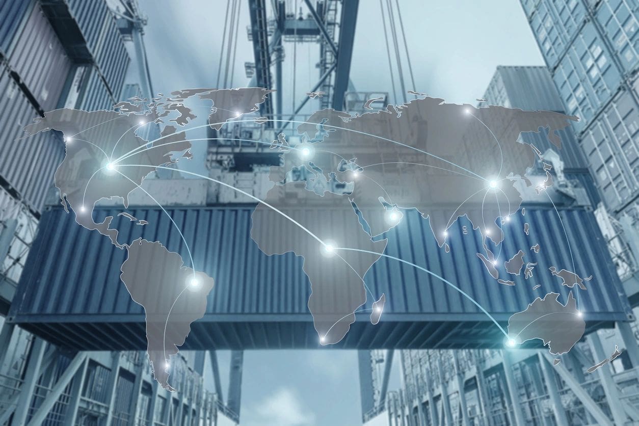 Global logistics network overlay on shipping containers