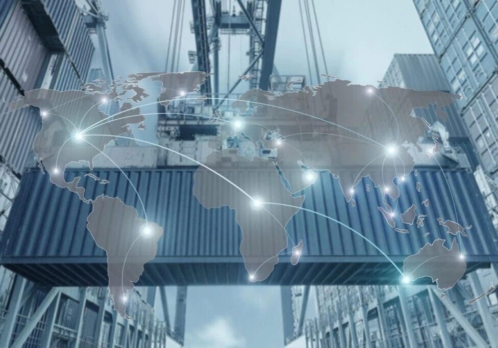 Global logistics network overlay on shipping containers